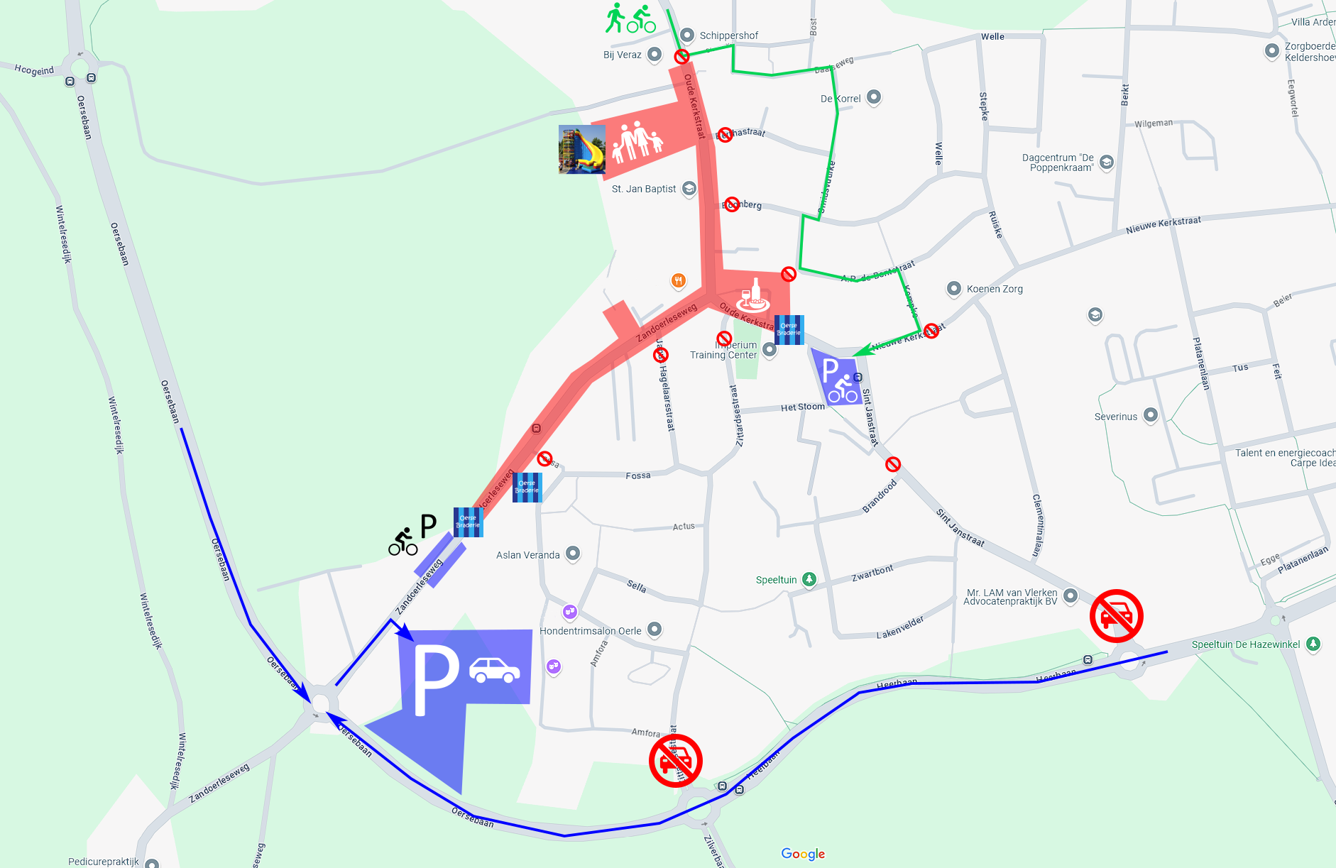 Kaart van het Braderieterrein, parkeergelegenheid en wegafsltuitingen